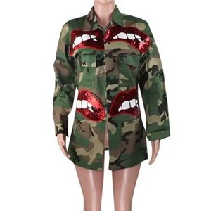 Camouflage Jacket with Red Lip Print